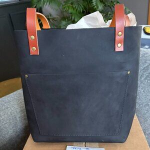 PLG Medium Shadow Black Classic Tote with tan handles
